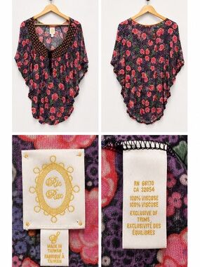 Ric Rac Floral Beaded Boho Blouse Flutter Sleeve Top